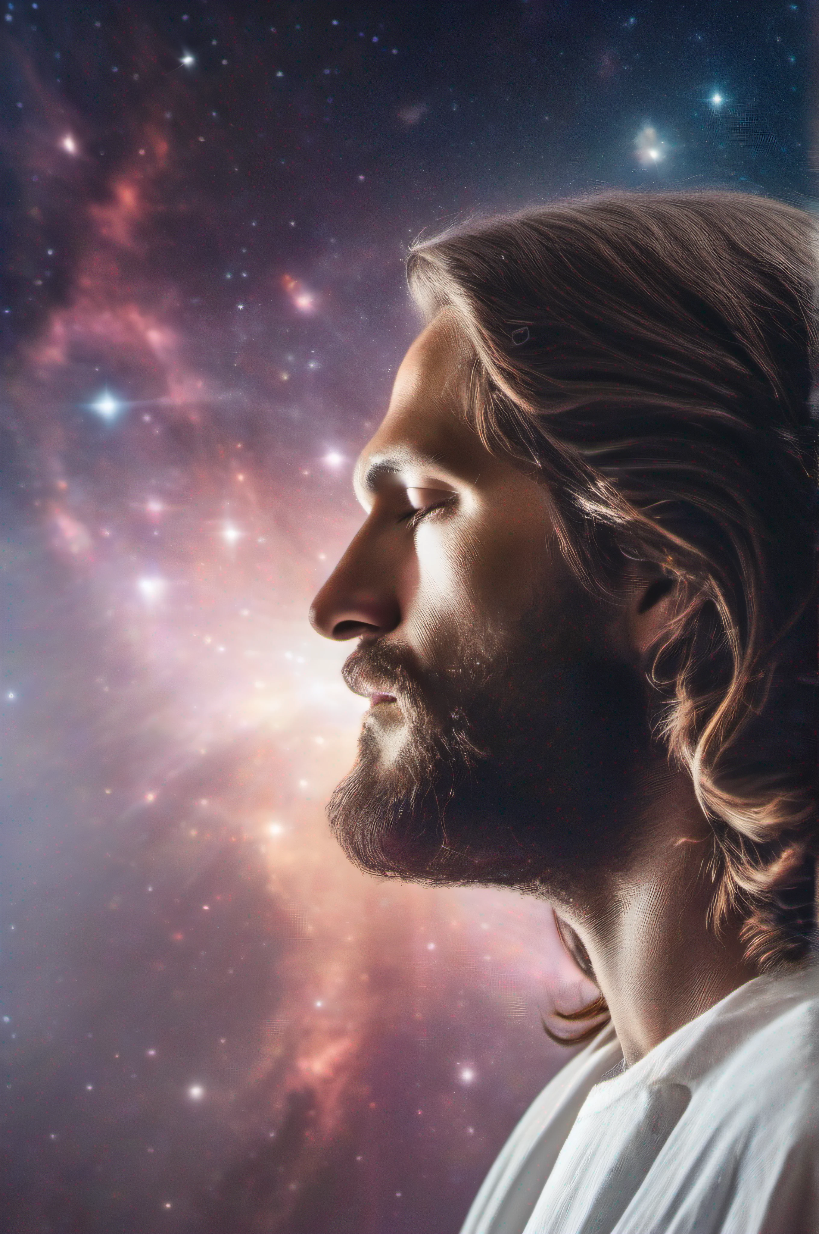 8k resolution photo (((a captivating Double Exposure image by blending together Jesus Christ profile and the Galaxy))) :  a friendly Jesus Christ should serve as the underlying backdrop, with the details of the Galaxy subtly incorporated into his contours  : WHITE BACKGROUND : Laurence Winram