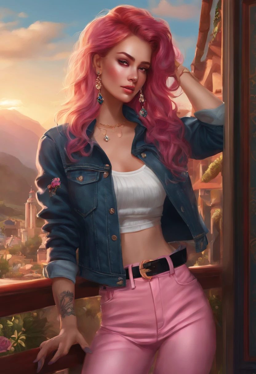 (master piece, best quality, ultra-detailed, Tall, best illustration), (((full body))), centered, perfect face, ((alone, focus alone)), side lighting, Glossy Skin,( bloom), (glow), ray tracings 1girl, jewelry , alone, earrings, jacket, navel, diaphragm, pink hair, makeup, denim, red eyes, crop top, long hair, eyeshadow, necklace, hands in pockets, cropped jacket, outfit jeans, clothing jacket jeans, ink splatter, nose, cleavage, open jacket, tattoo, scruffy lips, Clothes writing, mountainland_country_mountain_country, City background, Very detailed background, Extreme light and shadow,( Detailed eyes), ( beautiful) beautiful detailed eyes, perfect lighting, perfect anatomy, (extremely detailed 8k illustrated wallpaper), (masterpiece), (best quality), (ultra detailed),(best illustration), (Best shadow), vivid colors