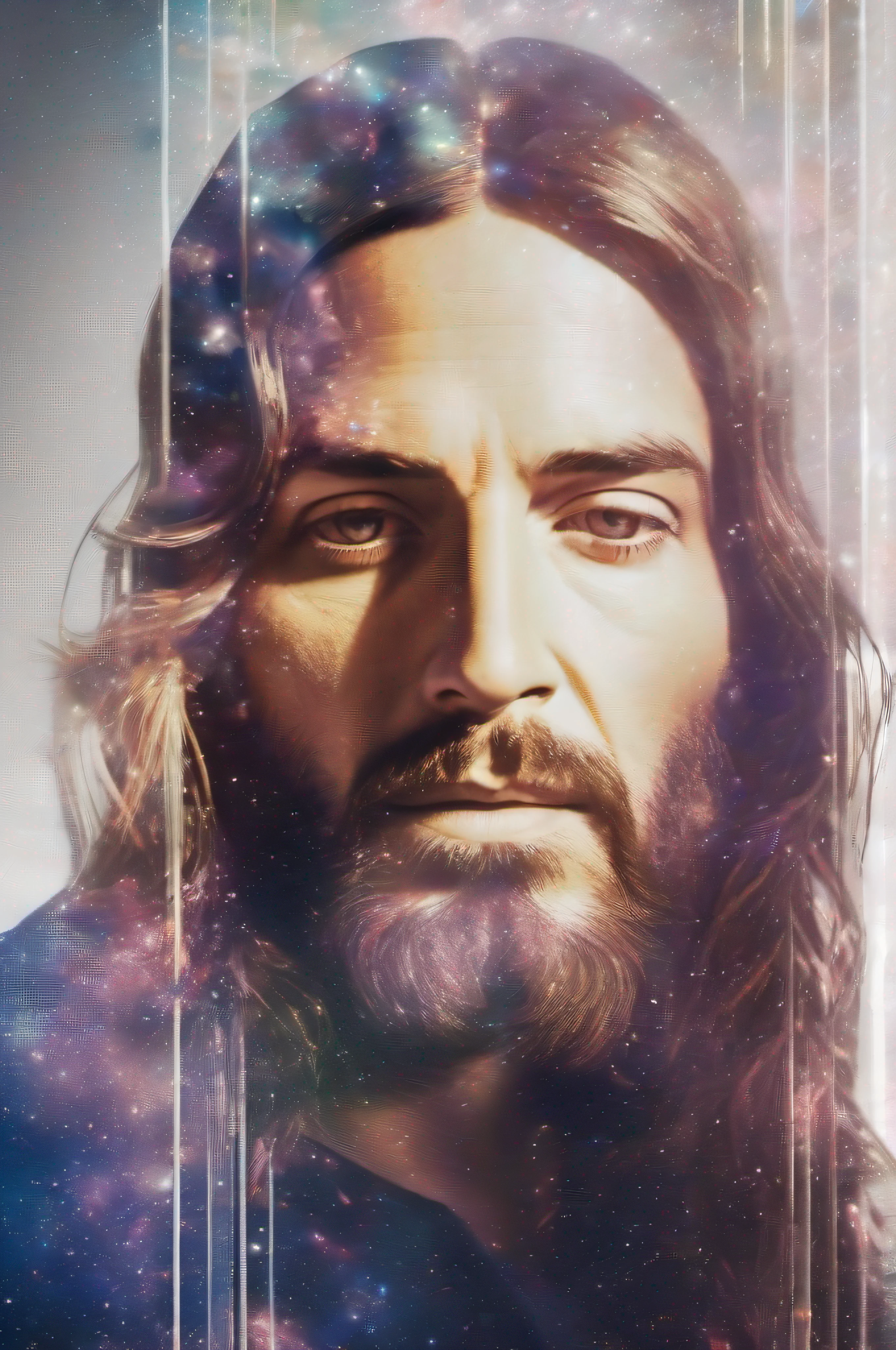 8k resolution photo (((a captivating Double Exposure image by blending together Jesus Christ profile and the Galaxy))) : a friendly Jesus Christ should serve as the underlying backdrop, with the details of the Galaxy subtly incorporated into his contours : WHITE BACKGROUND : Laurence Winram