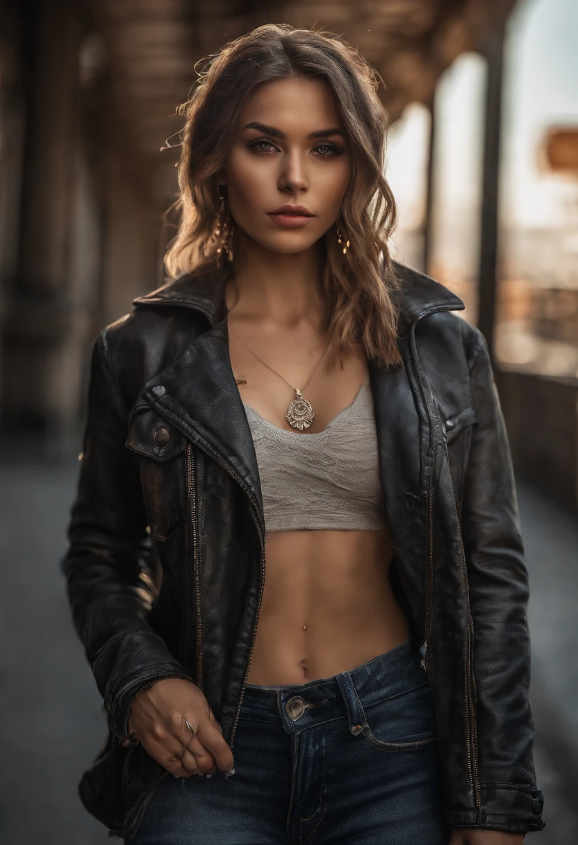 (master piece, best quality, ultra-detailed, Tall, best illustration), (((full body))), centered, perfect face, ((alone, focus alone)), side lighting, Glossy Skin,( bloom), (glow), ray tracings 1girl, jewelry , alone, earrings, jacket, navel, diaphragm, pink hair, makeup, denim, red eyes, crop top, long hair, eyeshadow, necklace, hands in pockets, cropped jacket, outfit jeans, clothing jacket jeans, ink splatter, nose, cleavage, open jacket, tattoo, scruffy lips, Clothes writing, mountainland_country_mountain_country, City background, Very detailed background, Extreme light and shadow,( Detailed eyes), ( beautiful) beautiful detailed eyes, perfect lighting, perfect anatomy, (extremely detailed 8k illustrated wallpaper), (masterpiece), (best quality), (ultra detailed),(best illustration), (Best shadow), vivid colors