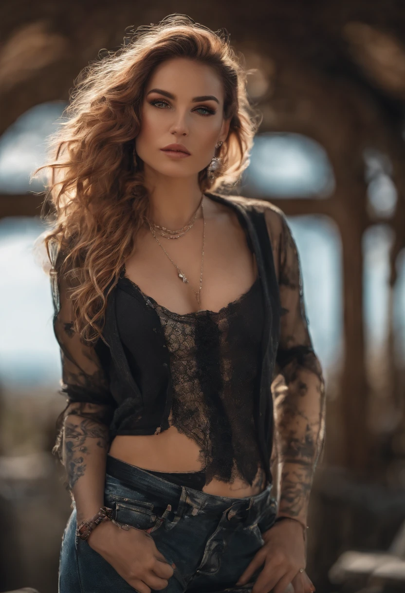 (master piece, best quality, ultra-detailed, Tall, best illustration), (((full body))), centered, perfect face, ((alone, focus alone)), side lighting, Glossy Skin,( bloom), (glow), ray tracings 1girl, jewelry , alone, earrings, jacket, navel, diaphragm, pink hair, makeup, denim, red eyes, crop top, long hair, eyeshadow, necklace, hands in pockets, cropped jacket, outfit jeans, clothing jacket jeans, ink splatter, nose, cleavage, open jacket, tattoo, scruffy lips, Clothes writing, mountainland_country_mountain_country, City background, Very detailed background, Extreme light and shadow,( Detailed eyes), ( beautiful) beautiful detailed eyes, perfect lighting, perfect anatomy, (extremely detailed 8k illustrated wallpaper), (masterpiece), (best quality), (ultra detailed),(best illustration), (Best shadow), vivid colors