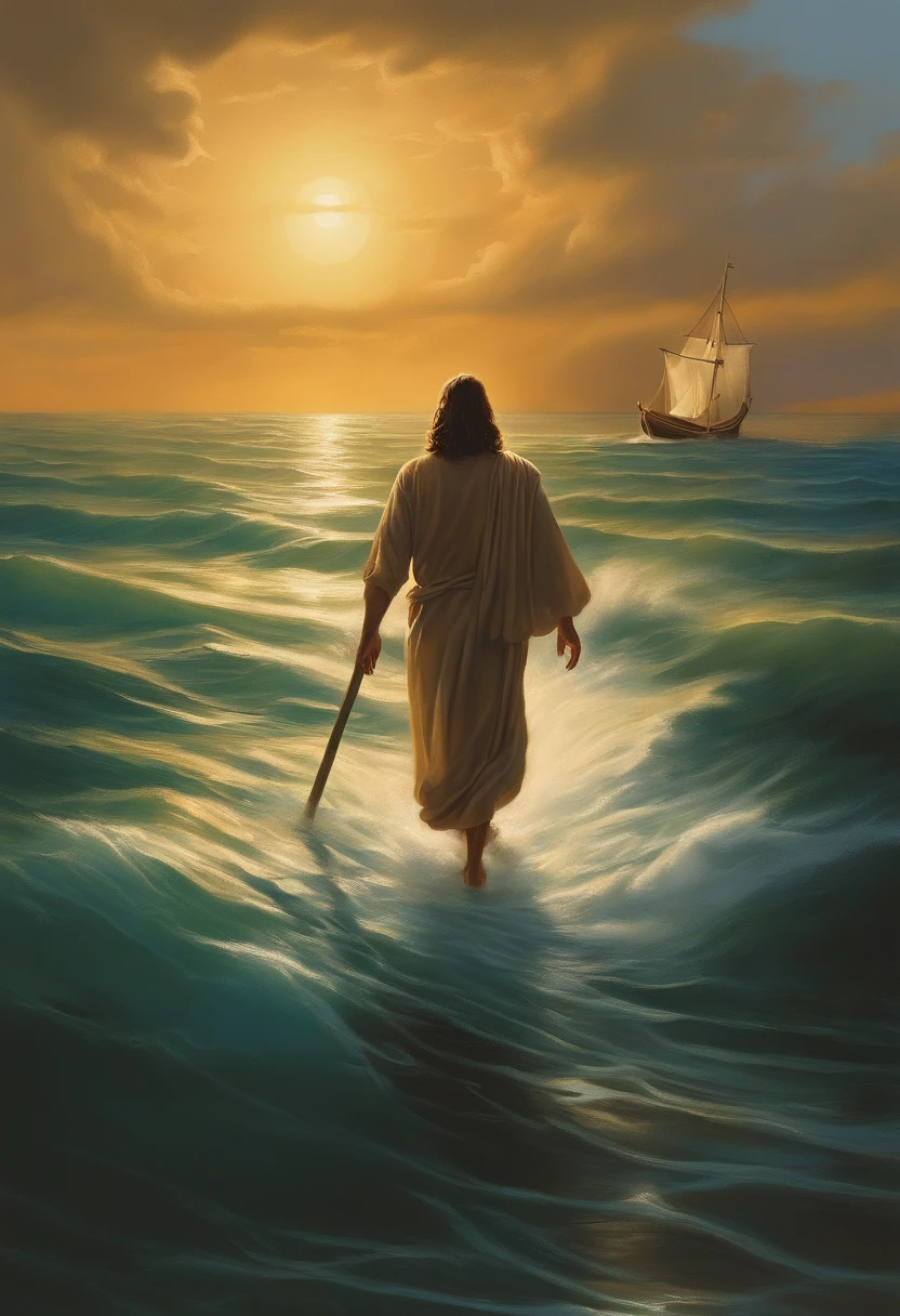 Painting of Jesus walking on water with a boat in the background, an illustration by David G. Sorensen, Shutterstock, Arte conceitual, Jesus walking on water, bible illustration, forcing him to flee, Desembarque, epic biblical representation, Pedro, saindo do oceano, Jesus, dramatic artwork, dramatic illustration, dramatic situation, ( Arte Fitzpatrick )