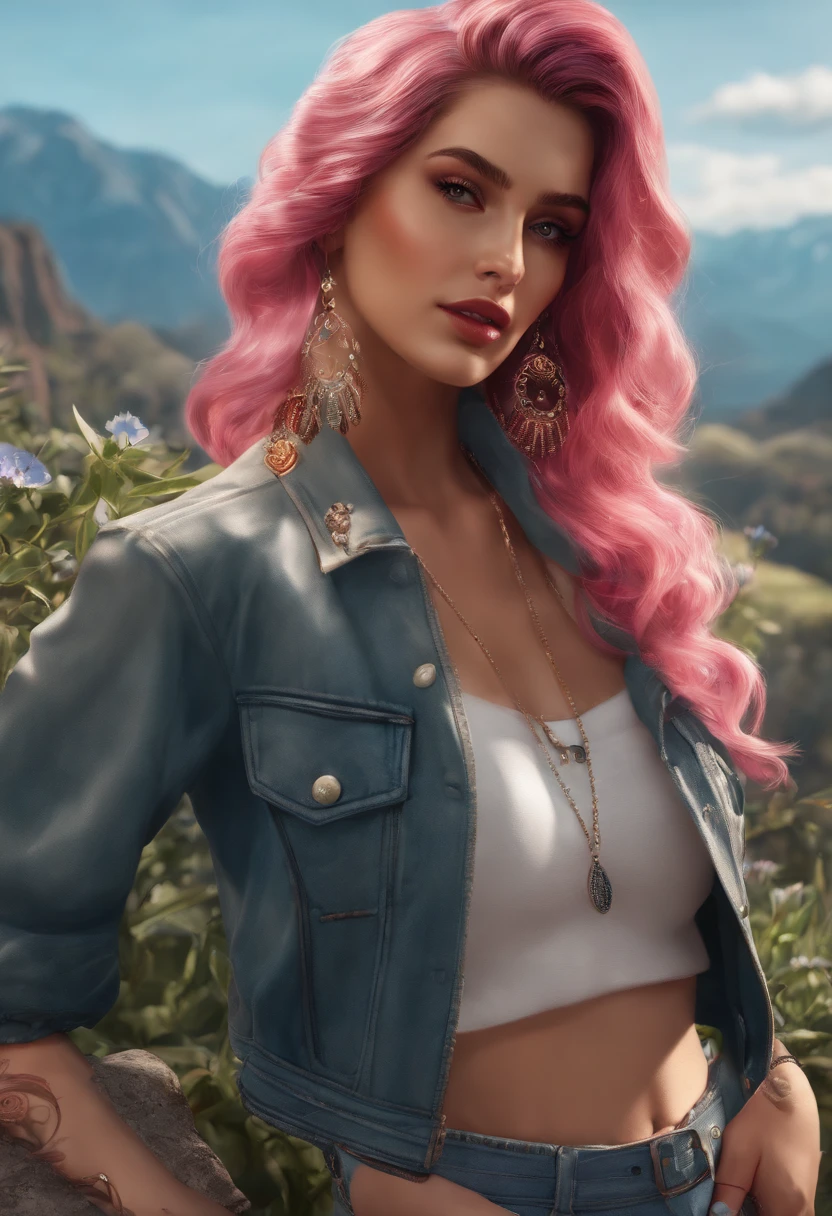 (master piece, best quality, ultra-detailed, Tall, best illustration), (((full body))), centered, perfect face, ((alone, focus alone)), side lighting, Glossy Skin,( bloom), (glow), ray tracings 1girl, jewelry , alone, earrings, jacket, navel, diaphragm, pink hair, makeup, denim, red eyes, crop top, long hair, eyeshadow, necklace, hands in pockets, cropped jacket, outfit jeans, clothing jacket jeans, ink splatter, nose, cleavage, open jacket, tattoo, scruffy lips, Clothes writing, mountainland_country_mountain_country, City background, Very detailed background, Extreme light and shadow,( Detailed eyes), ( beautiful) beautiful detailed eyes, perfect lighting, perfect anatomy, (extremely detailed 8k illustrated wallpaper), (masterpiece), (best quality), (ultra detailed),(best illustration), (Best shadow), vivid colors