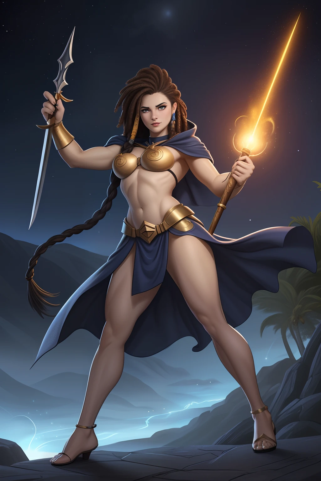 Uma mulher Moreno, de cabelo afro cabelo caindo para frente, Rasta type but braided,  holding a scale and a sword , com belos seios corpo perfeito com , a wide thigh is beautiful a woman, com seios lindos corpo perfeito, uma coxa larga, is beautiful a destination with , vario pose sexual, erotic The cast of the upcoming Mighty Universe movie Legends of Epic Fantasy, heroes of might and magic, epic legends game icon, epic fantasy style, deuses antigos, Rainha e governante do universo,   Mystical Atlantis, Trindade, amazing mmorpg, epic real fantasy, ((Estilo Art Vista de Corpo Inteiro, plano completo, vista frontal, Vista lateral, vista traseira, de personagem, Multiple views and poses, various points of view, um personagem, corpo inteiro, personagem com menos, estilo de roupa, no mesmo Estilo de cabelo, less Type of footwear, forte )):: ((whole body view, plano completo, vista frontal, vista traseira, design de personagem, Multiple views and poses, various points of view, de um personagem, corpo inteiro,, personagem com menos, estilo de roupa, no mesmo Estilo de cabelo, less Type of footwear)): Superheroíne, vestindo ultraje, a partir bandeira de Cabo Verde, with a star in the middle and 10 islands on the superhero cover, erotic cosmic fallen angel, olhos claros brilhantes, Biomechanicals, estranho, assustador, pesadelo, cores muito brilhantes, light particles, com luz brilhante, Mshiff, Arte do papel de parede, UHD Summoner Wallpaper Barefoot Female Levitating with Hair , robes and arms of cloak raised on a broken earth, luz de lava brilhante de baixo do campo de asteroides (rochas irregulares, pedregulhos e detritos disparando para o ar:1.3) (tempestade de detritos de poeira ventosa:1.1) Volumetric mist mist ray tracing z pass bright light from below, (obra-prima) (melhor qualidade) (detalhado) (8k) (cinematic lighthing) (foco nítido) (intrincado)