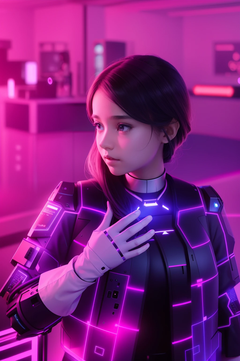 A girl mixed with An explanatory artificial intelligence standing in front of a computer hologram, cinematic, super details, high quality, 8k, dark blue