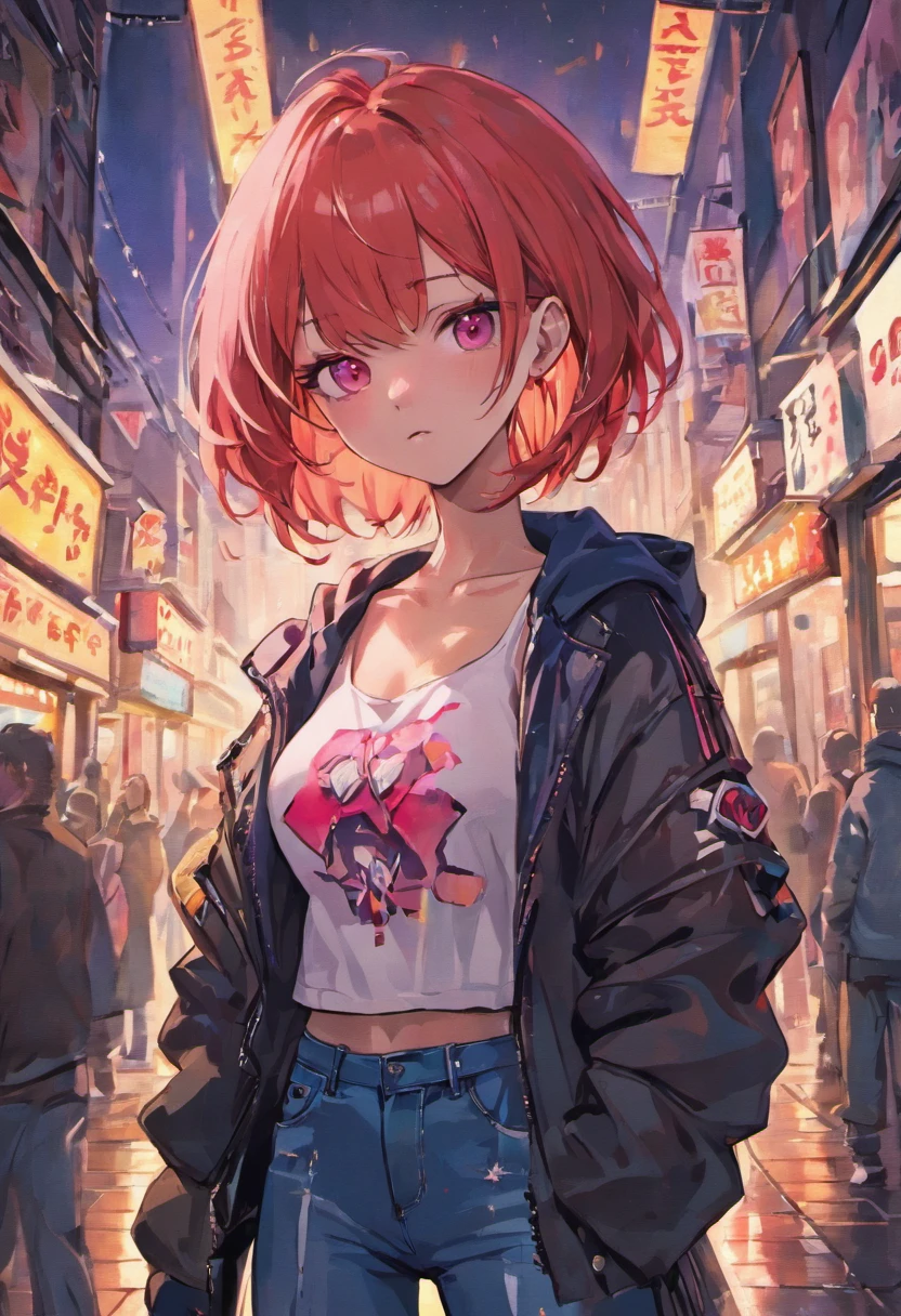 (master piece, best quality, ultra-detailed, Tall, best illustration), (((full body))), centered, perfect face, ((alone, focus alone)), side lighting, Glossy Skin,( bloom), (glow), ray tracings 1girl, jewelry , alone, earrings, jacket, navel, diaphragm, pink hair, makeup, denim, red eyes, crop top, long hair, eyeshadow, necklace, hands in pockets, cropped jacket, outfit jeans, clothing jacket jeans, ink splatter, nose, cleavage, open jacket, tattoo, scruffy lips, Clothes writing, mountainland_country_mountain_country, City background, Very detailed background, Extreme light and shadow,( Detailed eyes), ( beautiful) beautiful detailed eyes, perfect lighting, perfect anatomy, (extremely detailed 8k illustrated wallpaper), (masterpiece), (best quality), (ultra detailed),(best illustration), (Best shadow), vivid colors