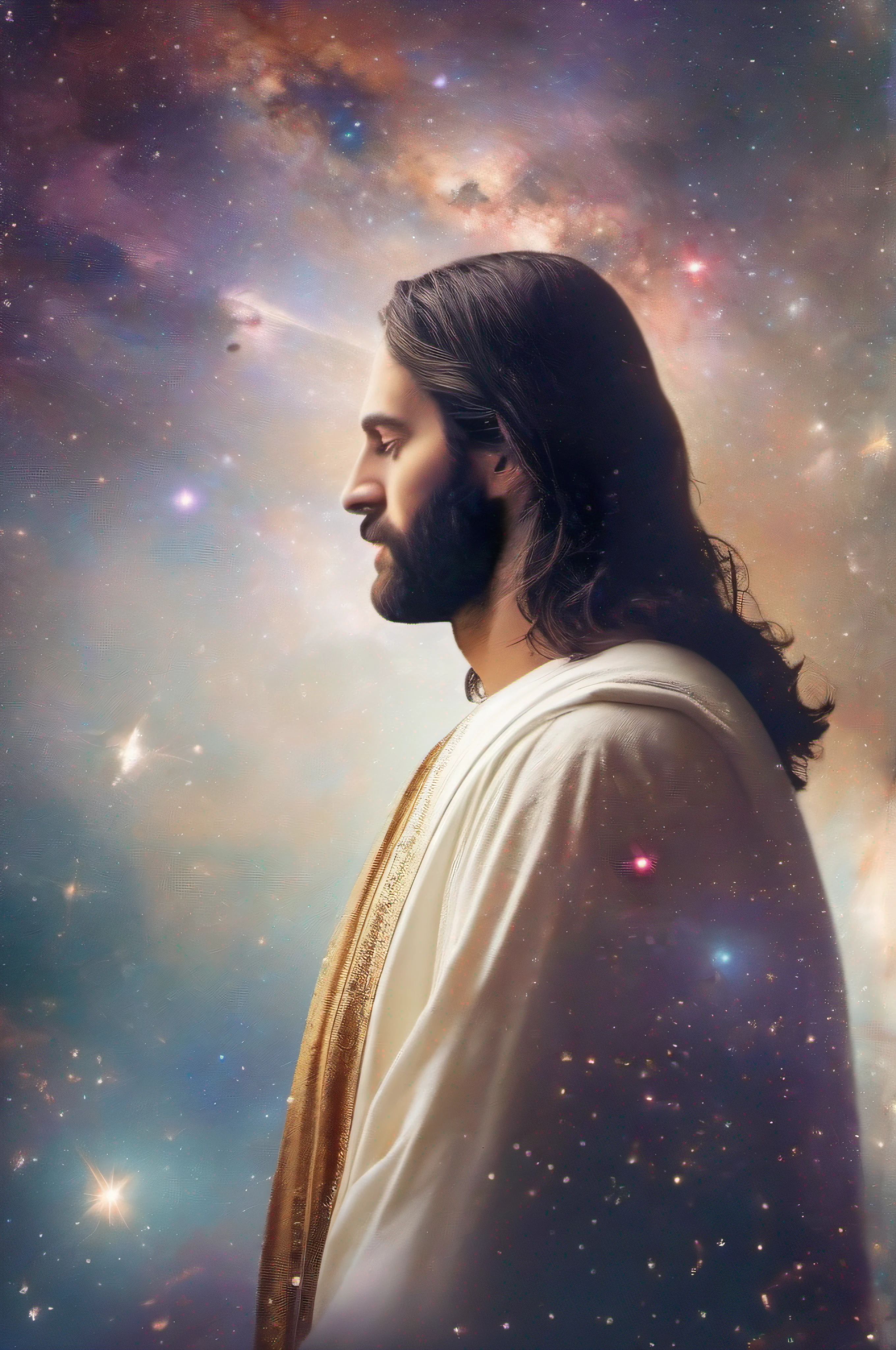 WHITE BACKGROUND : a captivating Double Exposure image by blending together Jesus Christ profile and the Galaxy :  a friendly Jesus Christ should serve as the underlying backdrop, with the details of the Galaxy subtly incorporated into his contours  : WHITE BACKGROUND : Laurence Winram