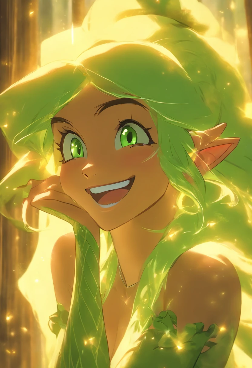 portrait of a hourglass shaped elf with (long white hair behind ear, straight bangs), (necklace, earrings), (glowing eyes, green eyes), (seductive smile:1.3), eye contact, (black embroidered lingerie), cleavage, close to a window, sitting on a chair crossed-leg, bedroom, (morning), god rays, ray tracing, best quality, 16k, masterpiece