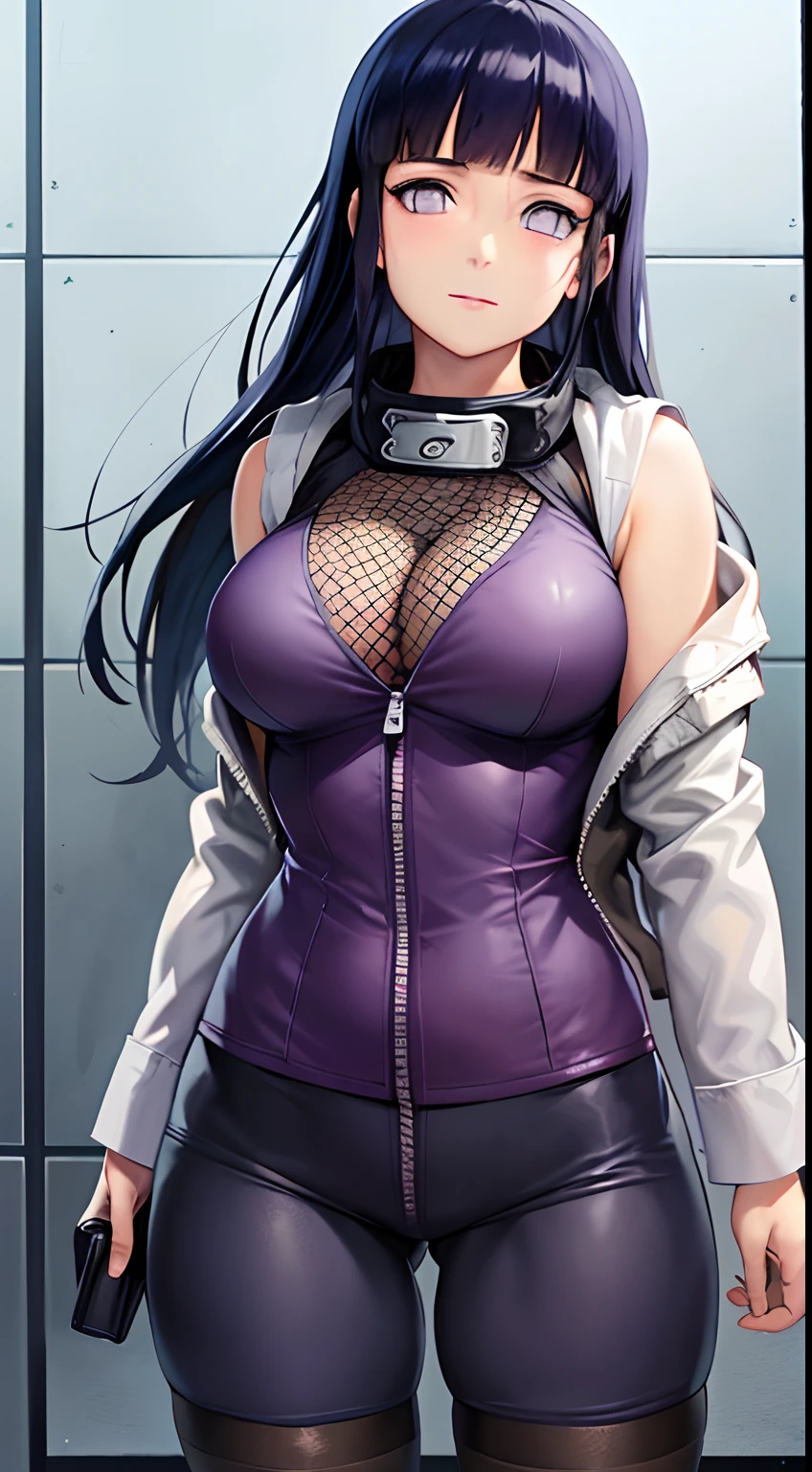 Meisterwerk, hight resolution, High quality, detailliertes Gesicht, Detailed representation of the body limbs, 1girls, nur, Hinata Hinata, Hinata sleeveless clothing, Zimmer,, sleeveless shirt, Mesh garment, dunkle Lippen, Jacket with open zipper, kein BH, Breasts out, stehend, flush, , legwear, Transparenz, Sexy, Rote Wangen, Sperma, Nass, seios enormes, hot