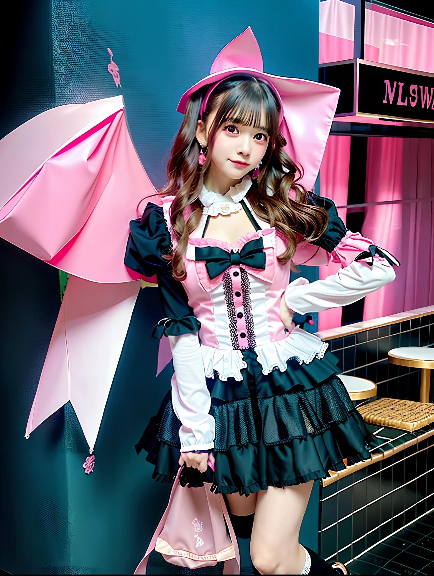 There is a woman wearing a pink and black satin dress and a pink ribbon, Lolita style, Lolita Fashion, style of magical girl, frilly outfit, angelic pretty, Belle Delphine, maid clothes, portrait of the magical Lolita girl, kawaii decora rainbowcore, Kawaii Style, fantasy outfit, victorian gothic lolita fashion, fairycore, anime girls in maid costumes