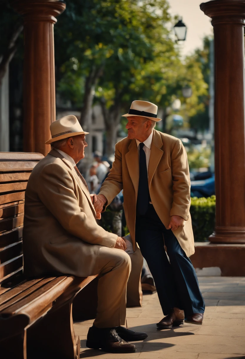 Two men shaking hands in front of a bench, Closing deal, intense expression, olhos determinados, terno enrugado, notes falling from the sky, realismo, (melhor qualidade, Altas, ultra-detalhado), (Realistic:1.37), profissional, vivid colors.