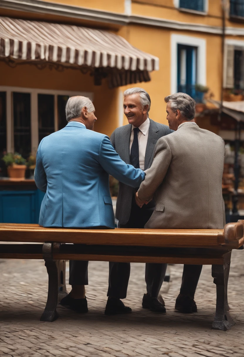 Two men shaking hands in front of a bench, Closing deal, intense expression,  olhos determinados, terno enrugado, notes falling from the sky, realismo, (melhor qualidade, Altas, ultra-detalhado), (Realistic:1.37), profissional, vivid colors.