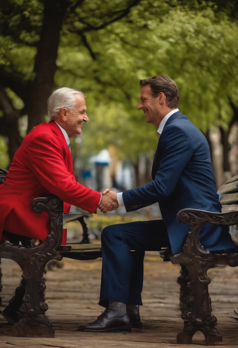 Two men shaking hands in front of a bench, Closing deal, intense expression, olhos determinados, terno enrugado, notes falling from the sky, realismo, (melhor qualidade, Altas, ultra-detalhado), (Realistic:1.37), profissional, vivid colors.