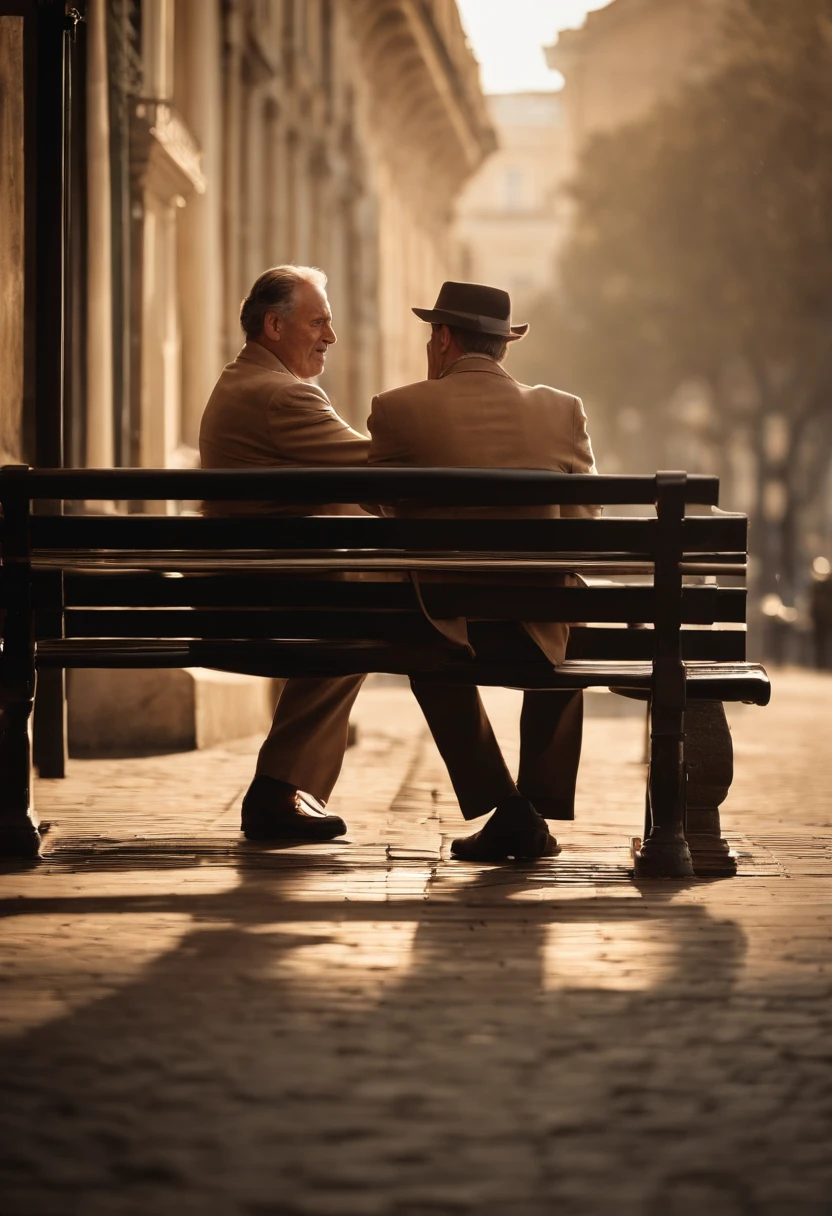 Two men shaking hands in front of a bench, Closing deal, intense expression,  olhos determinados, terno enrugado, notes falling from the sky, realismo, (melhor qualidade, Altas, ultra-detalhado), (Realistic:1.37), profissional, vivid colors.