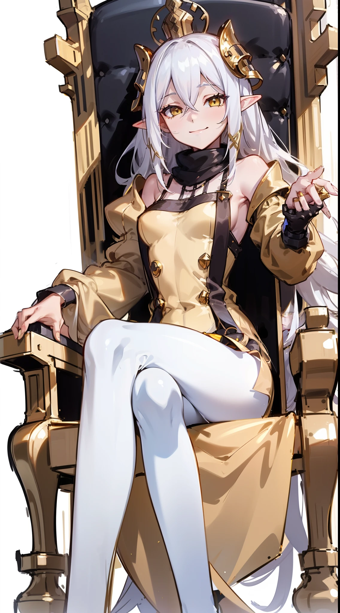 1girl,20 years,solo,happy face,black and golden long dress,medium tits,white hair,long hair,yellow eyes,elves ears,white pantyhose,Detailed Long Boots,Luxurious Gold Decoration,(((sitting on a throne inside a castle)))