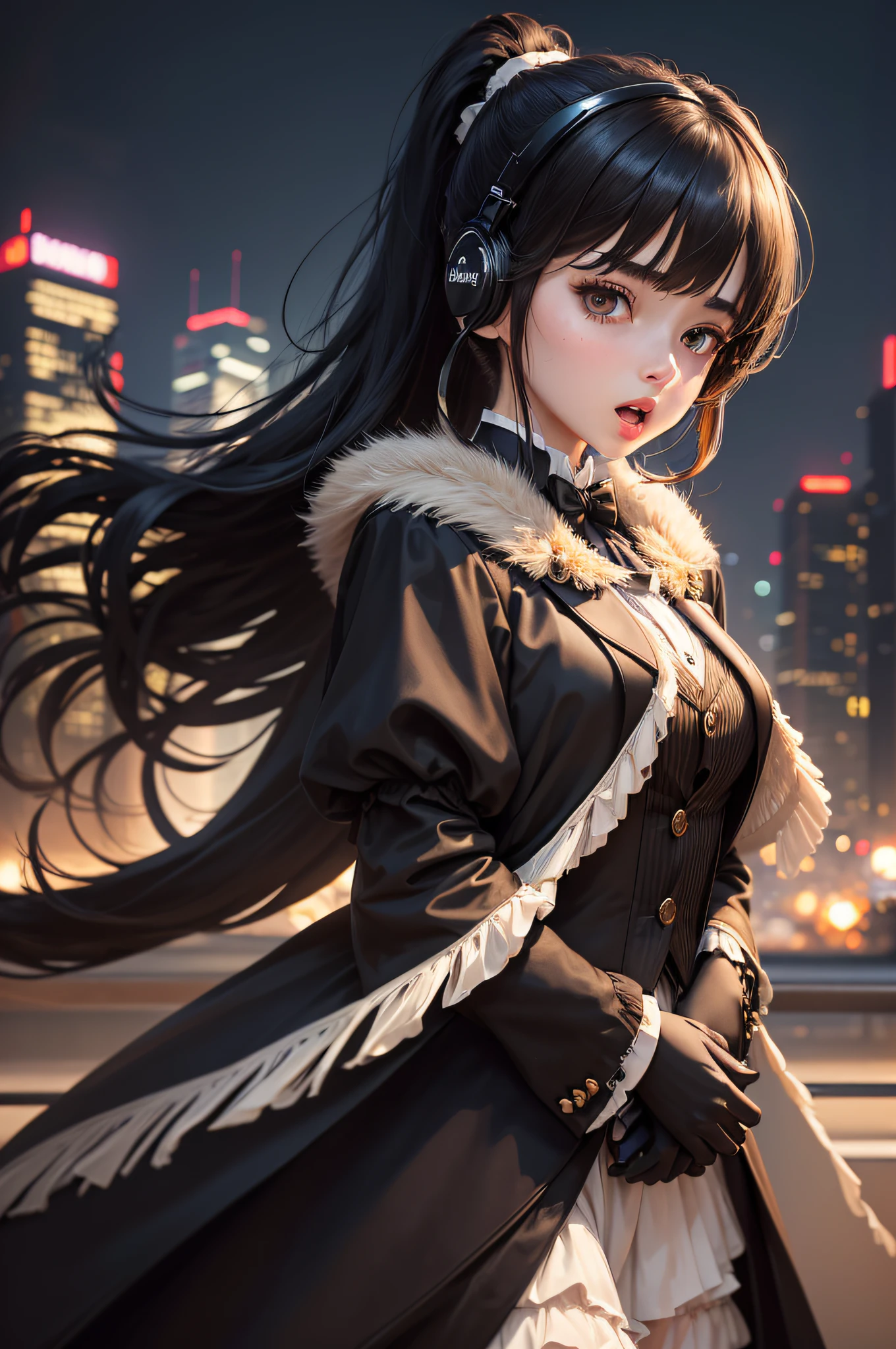 1girl, Brown Ponytail hair, eyes covered by fringes, wearing a full tuxedo, Wearing black headphones, open mouth, Pale yellow skin, big sleeves, Night City, absurdities, High resolution, ultra-sharp 8K, Masterpiece, Looking at viewer , full length portrait