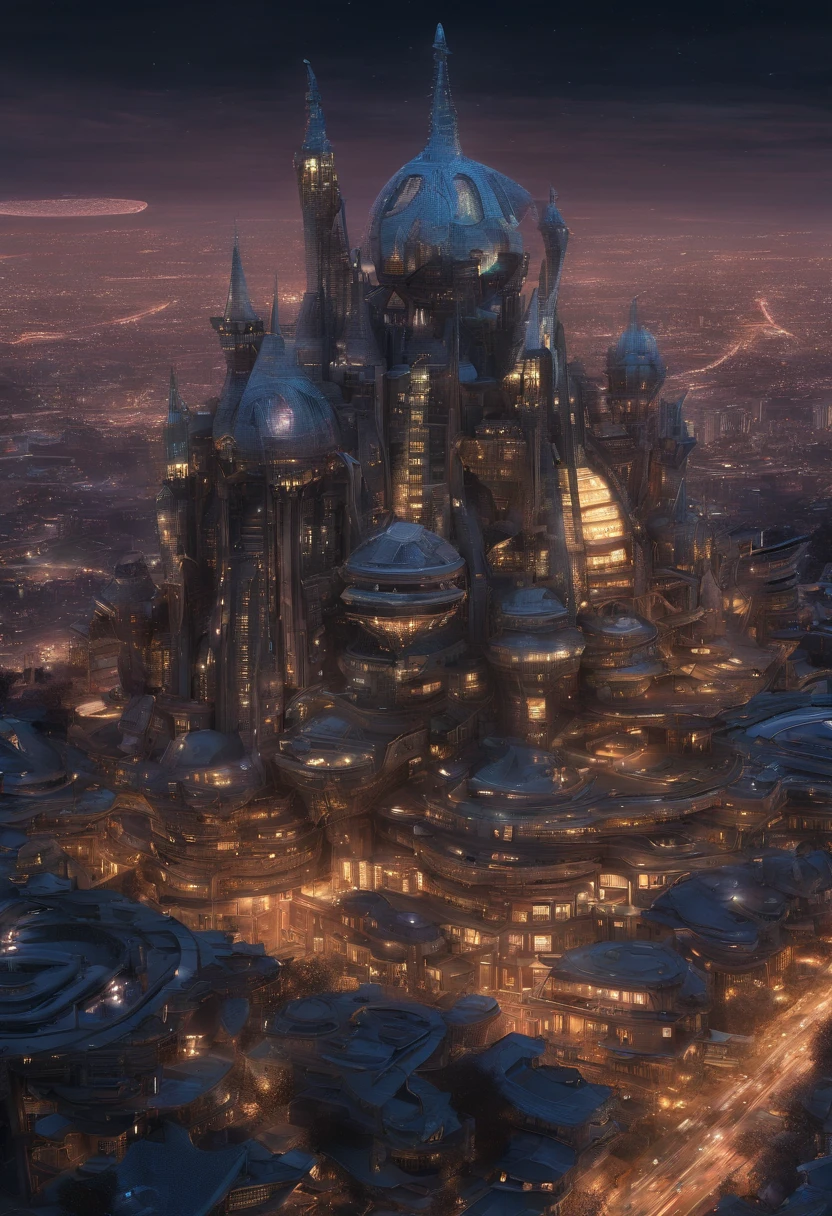 alien age, curvy buildings, translucent metal for building shapes, castle, aerial view, night scenery, fantasy art, art by Clemilton Barbosa, intricate details, 16k