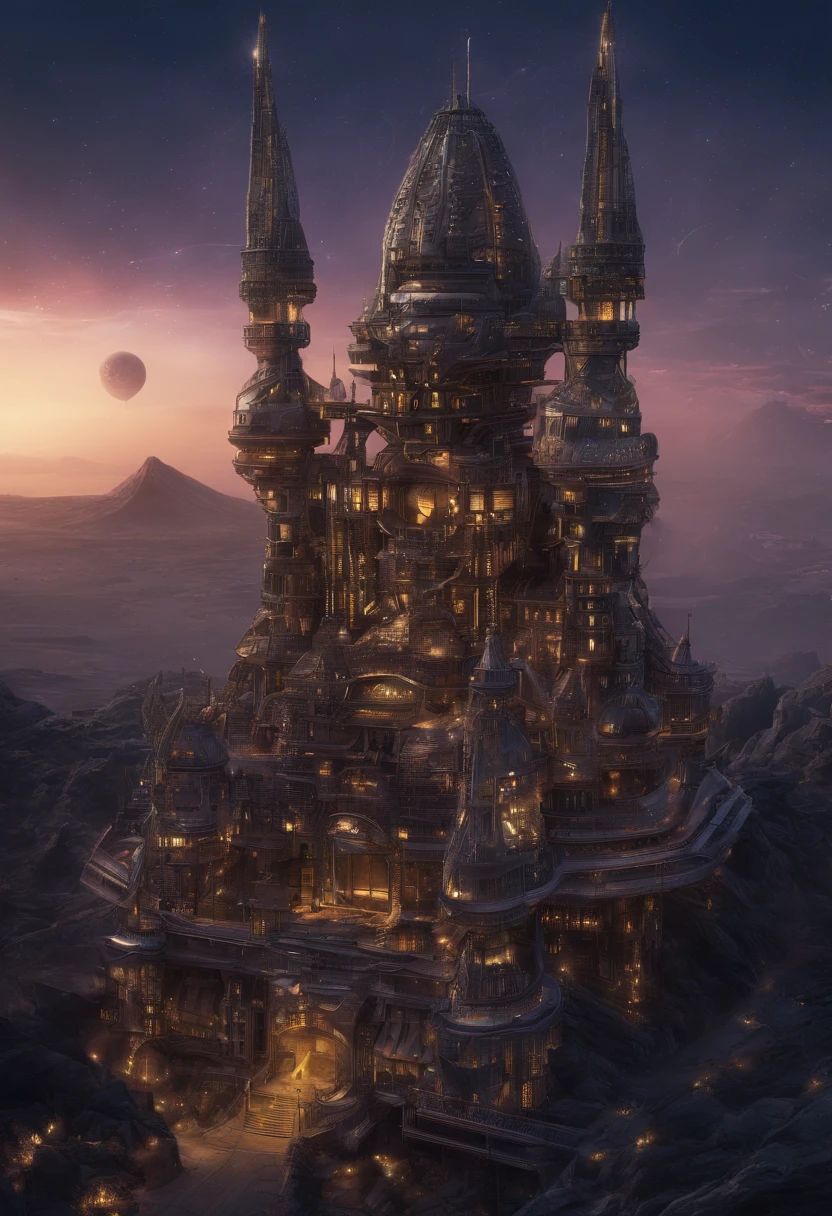 alien age, curvy buildings, translucent metal for building shapes, castle, aerial view, night scenery, fantasy art, art by Clemilton Barbosa, intricate details, 16k