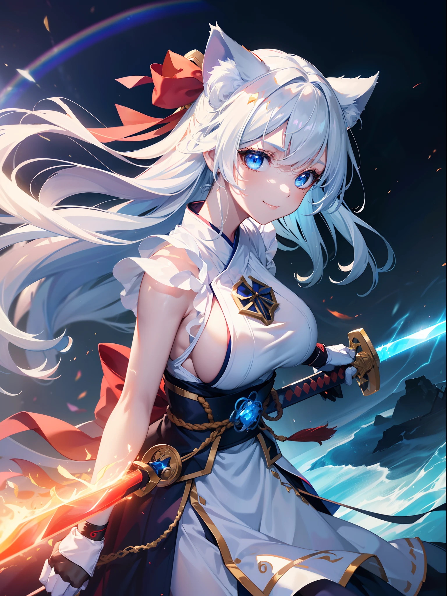 (Cat's ears:1.3),(Sky Eyes 1.3),(Face Focus:1.3), (Melancholy and smile:1.3),(Gentle face:1.3),(long white hair:1.3), hair messy, (Eye color is orange:1.3), (perfectly detailed eyes:1.3),Dynamic Angle,Her skin is pale,(White and blue priestess costume:1.3),(Dual-wielding combat pose:1.3),(The red glowing samurai sword:1.3),(Sword shining in blue lightning:1.3),She has a samurai sword,dual-wielding,Unleash the Blade of Light,(Colossal tits:1.3),(Chest Zoom:1.3),Highest Quality, Raise the railgun, ((sanpaku))((Proud)), (Blue glowing thunder sword:1.3),(Fiery Red Sword:1.3),Countless blades glowing blue,Lens Flare, Big rainbow,The moon shines,Star chips, bloom, ((light glow)), chromatic abberation], Digital Painting, Insane details, Intricate details, Beautifully color graded, Unreal Engine, Cinematic , colour grading, Editorial Photography , Photography, Kiss Shot, Canon 5D Camera Photography,Shot on 70mm lens, Depth of subject, ultra sharpness, nffsw, octane, Unreal, Dramatic light, Global Illumination,Motion Picture Film,rainbow,lensflare,(Rainbow Moon Wave Art:1.3),(Sengoku:1.3),(Agfacolor:1.3),(close portrait:1.3),(Feminine:1.4),(Beautiful:1.4),(Attractive:1.3),Move an angle,Themed Background,