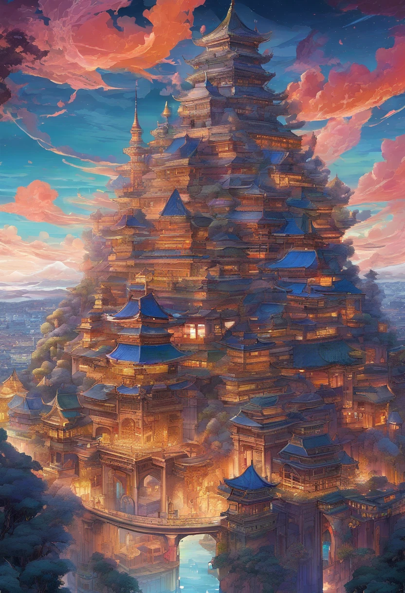 alien age, curvy buildings, translucent metal for building shapes, castle, aerial view, night scenery, fantasy art, art by Clemilton Barbosa, intricate details, 16k