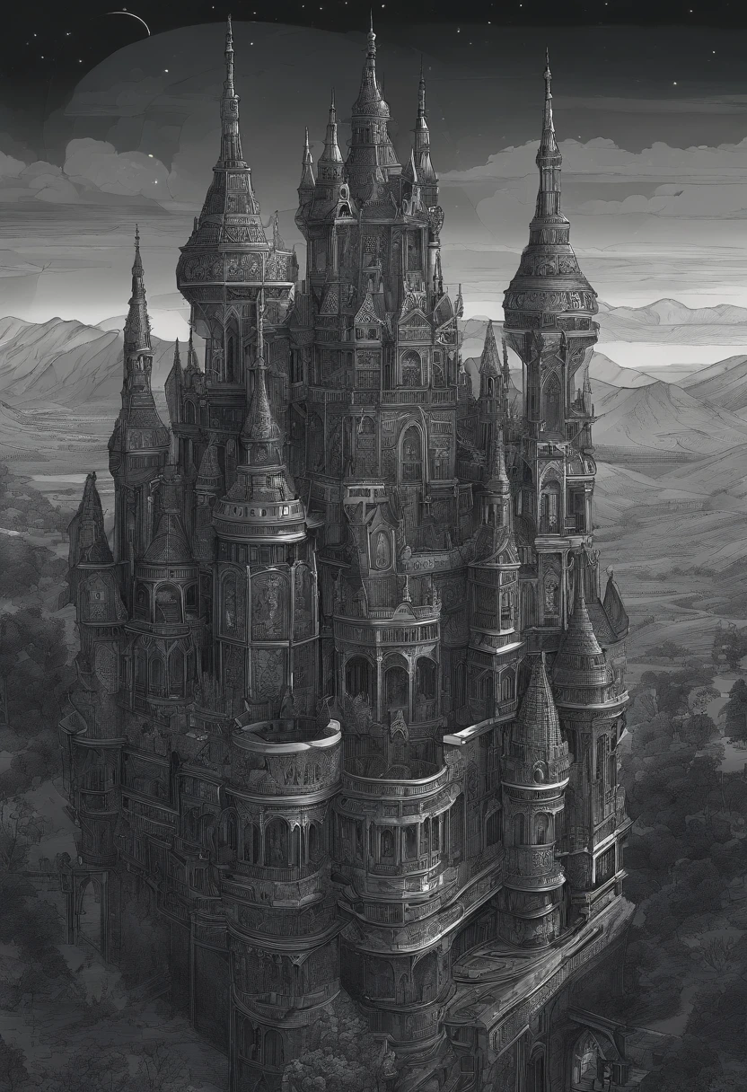 alien age, curvy buildings, translucent metal for building shapes, castle, aerial view, night scenery, fantasy art, art by Clemilton Barbosa, intricate details, 16k