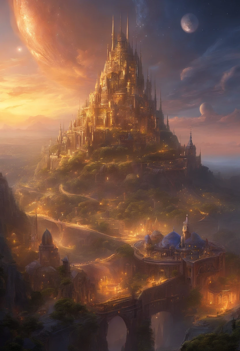 alien age, curvy buildings, translucent metal for building shapes, castle, aerial view, night scenery, fantasy art, art by Clemilton Barbosa, intricate details, 16k