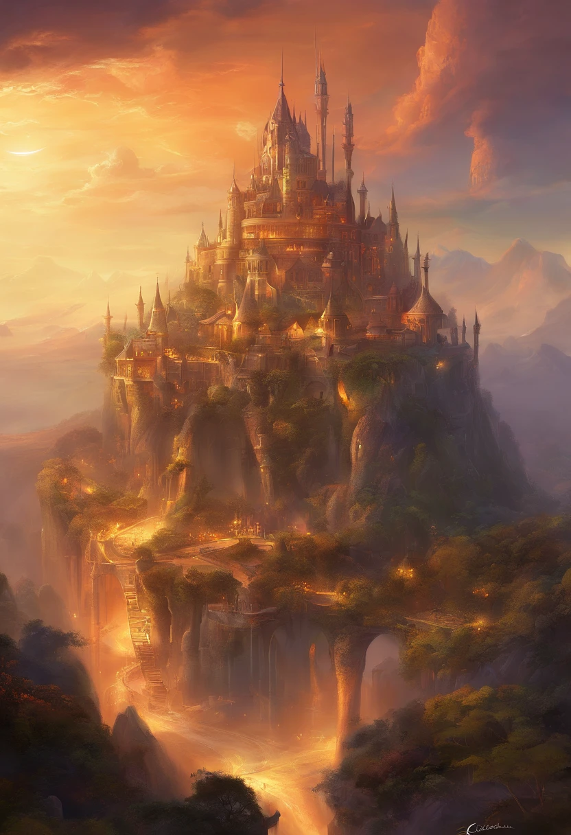 alien age, curvy buildings, translucent metal for building shapes, castle, aerial view, night scenery, fantasy art, art by Clemilton Barbosa, intricate details, 16k