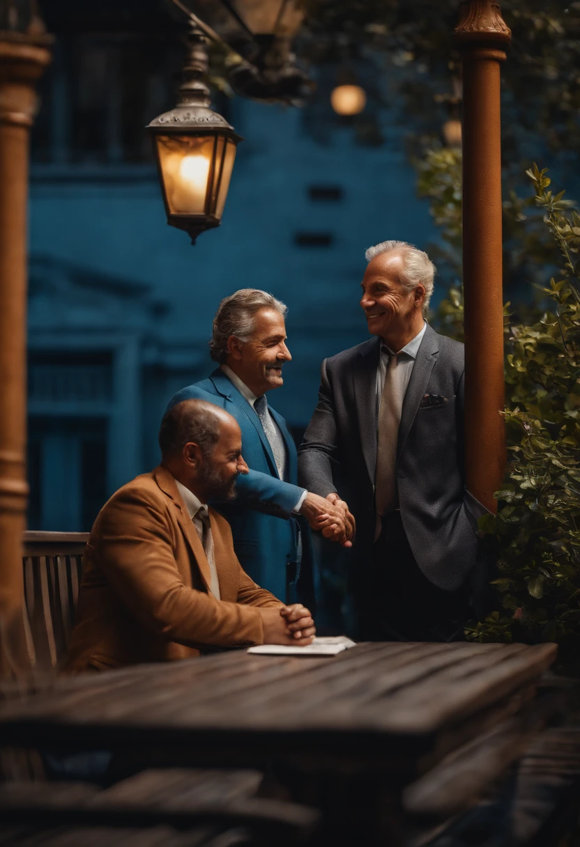 Two men shaking hands in front of a bench, Closing deal, intense expression, olhos determinados, terno enrugado, Money notes falling from the sky, dinheiro, realismo, (melhor qualidade, Altas, ultra-detalhado), (Realistic:1.37), profissional, vivid colors