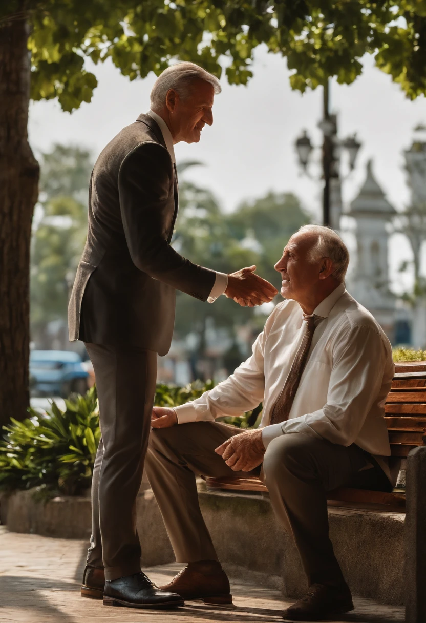 Two men shaking hands in front of a bench, Closing deal, intense expression, olhos determinados, terno enrugado, Money notes falling from the sky, dinheiro, realismo, (melhor qualidade, Altas, ultra-detalhado), (Realistic:1.37), profissional, vivid colors