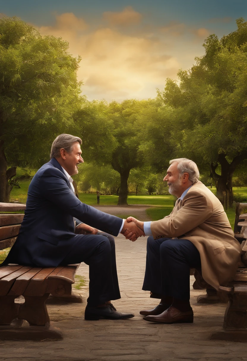 Two men shaking hands in front of a bench, Closing deal, intense expression, olhos determinados, terno enrugado, Money notes falling from the sky, dinheiro, realismo, (melhor qualidade, Altas, ultra-detalhado), (Realistic:1.37), profissional, vivid colors