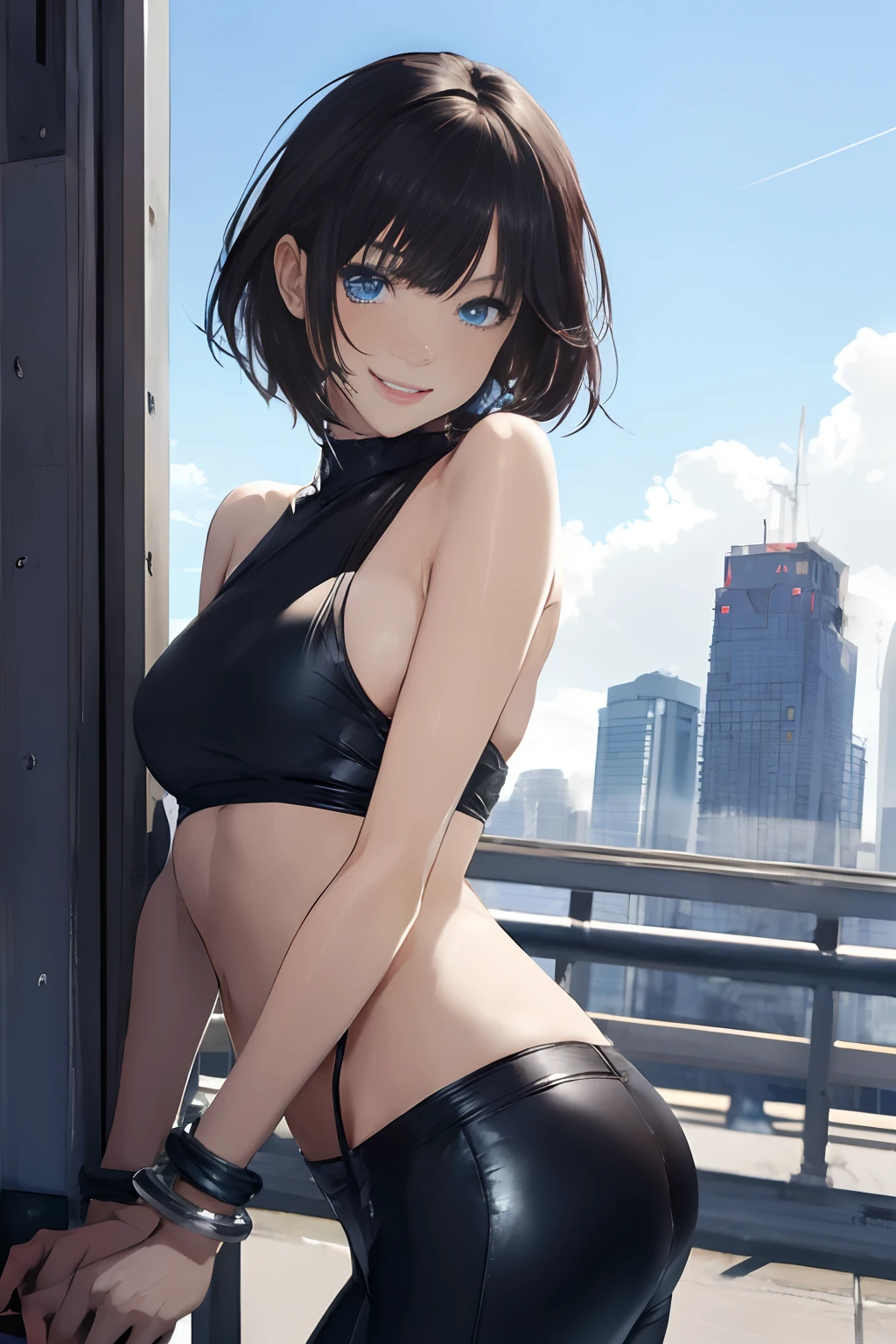 masutepiece, Best Quality, Ultra-detailed),(1girl in), Blue eyes, Short hair, brunette, Dynamic Angle, Dynamic Pose, Natural lighting, floating, (Color Top:1.2|Black top), (Tight skirt:1.2|Leather pants:0.9), (Silver bracelet:1.2|Watch), (Natural background:0.8| Cityscape), (Smiling:0.8| Serious expression), (Light in the hair), Many drops of water:0.8