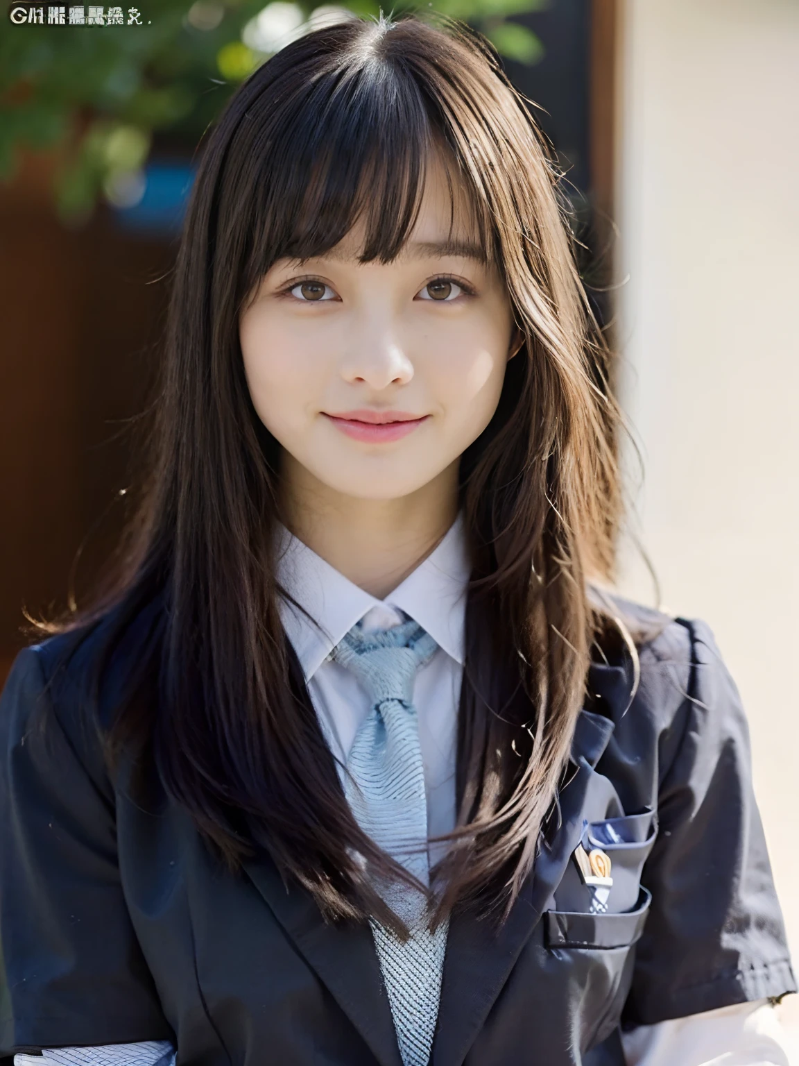 (school uniform:1.5), (Photorealistic:1.4), (Best quality:1.0), (超高分辨率:1.0), 8K, RAW photo, (Masterpiece:0.2), Ultra-detailed, Close short, 1girll, Beautiful skin, Detailed skin, view the viewer, full bodyesbian, (Long hair:1), Smile, (Closed mouth:1)