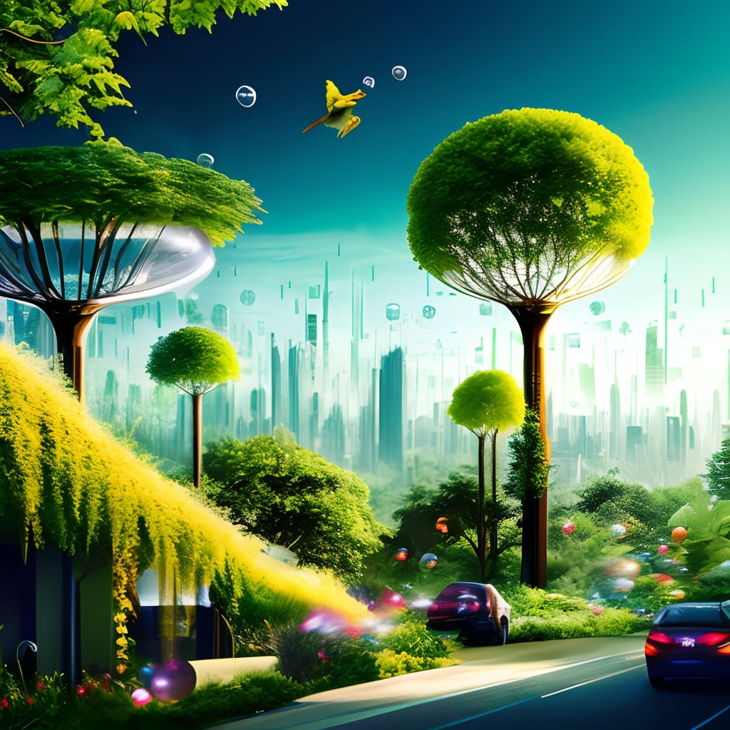 1. **An upside-down forest floating above a futuristic city**:		
-background: Cityscape with a glowing futuristic skyscraper stretching to the horizon。		
- Main elements: Inside a large transparent bubble or dome floating in the sky、A tree floating with roots pointing upwards々and plants present。Birds and flying cars flying around it。		
- Color palette: Mix futuristic neon colors with natural greens。