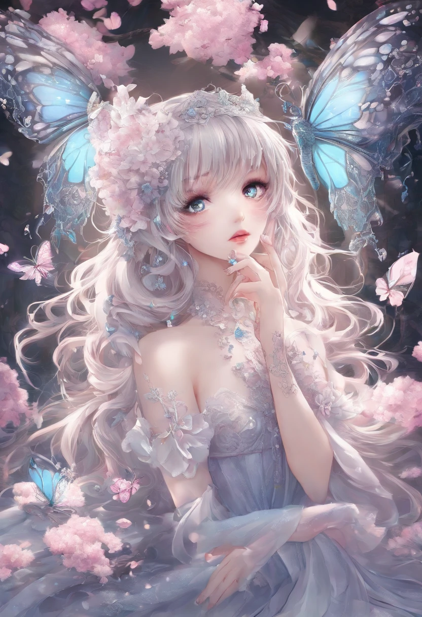 (CG unit 8K extremely detailed wallpaper) (best qualityer) (better lighting) (an extremely  delicate and beautiful) (Floating) (Beautiful) (Spring atmosphere) (1girll) (long silver  hair), (Headband hair), (Delicate and beautiful blue eyes), ((perfect face)), ((perfect lips)), glossy lips, ((smokey eyes)), ((Very short white dress, Pink lace bottoms), (income), ((underboobs)), ((Light transparent silk))), (Cherry blossom petal), (butterflys), (degrees of freedom), (volumettic light) Cinematic lighting, color difference, Sony FE GM, Textured leather, high detal, highr, 8K