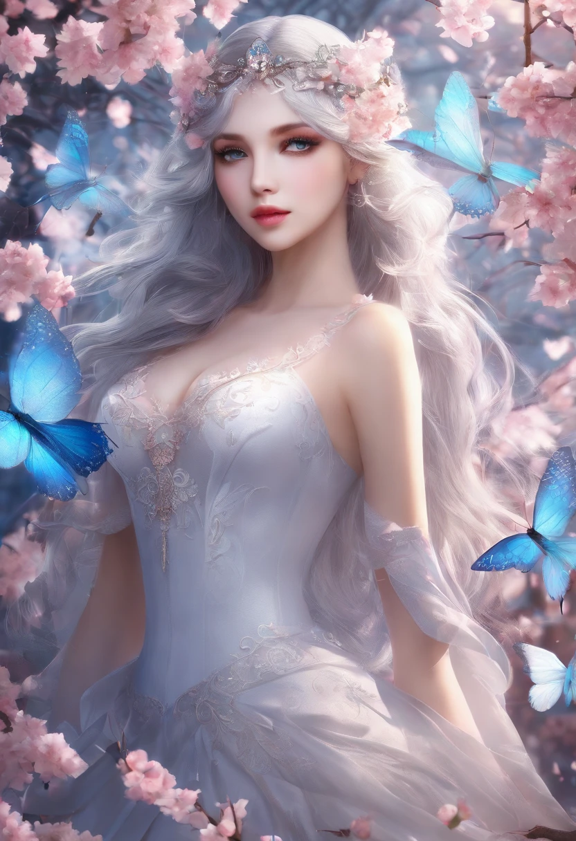 (CG unit 8K extremely detailed wallpaper) (best qualityer) (better lighting) (an extremely delicate and beautiful) (Floating) (Beautiful) (Spring atmosphere) (1girll) (long silver hair), (Headband hair), (Delicate and beautiful blue eyes), ((perfect face)), ((perfect lips)), glossy lips, ((smokey eyes)), ((Very short white dress, Pink lace bottoms), (income), ((underboobs)), ((Light transparent silk))), (Cherry blossom petal), (butterflys), (degrees of freedom), (volumettic light) Cinematic lighting, color difference, Sony FE GM, Textured leather, high detal, highr, 8K