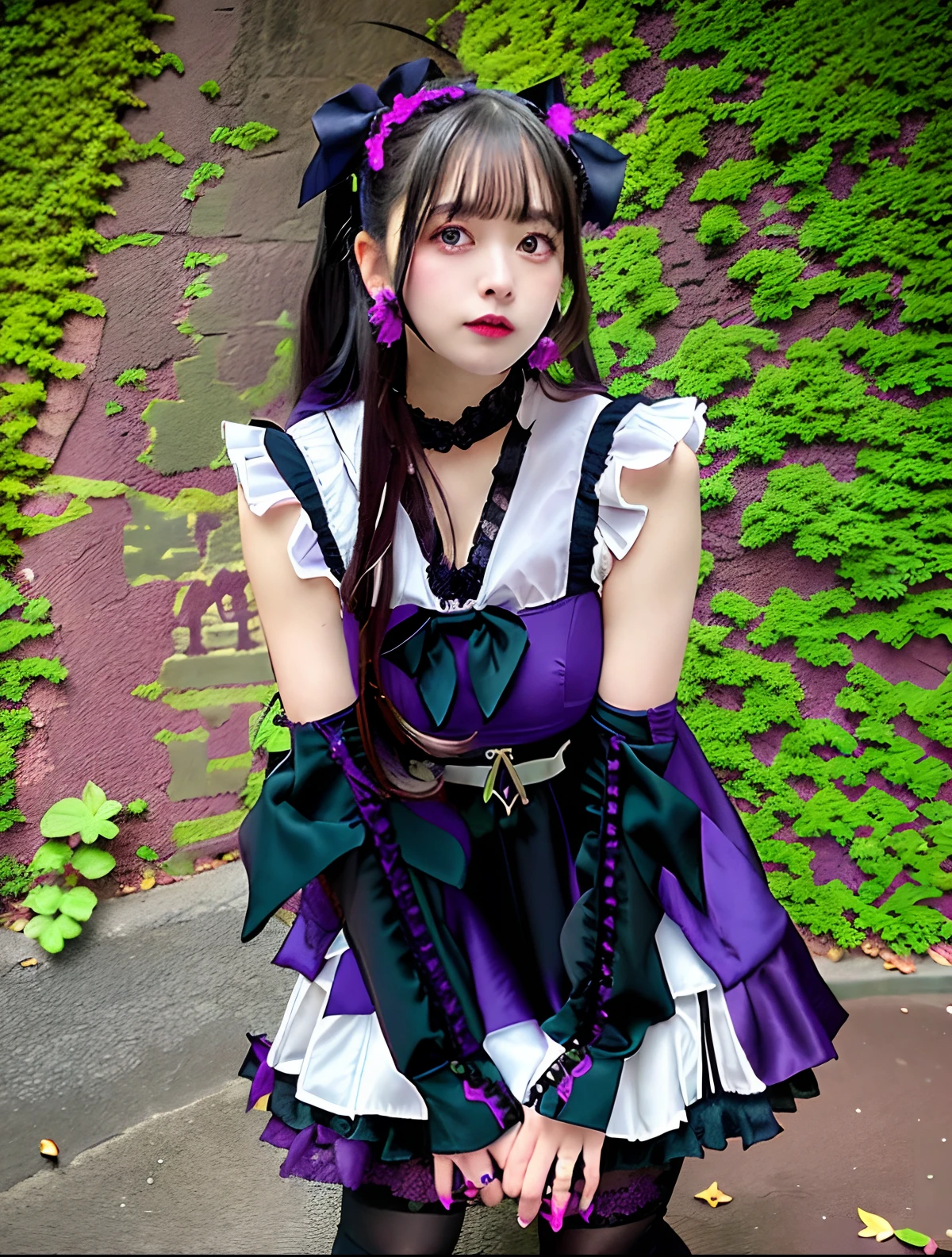 Alafe girl in purple dress and black and white accessories, Lolita style, victorian gothic lolita fashion, Belle Delphine, Lolita Fashion, Black and purple costume, Portrait of radical Lolita girl, frilly outfit, portrait of the magical Lolita girl, sakimichan, black gothic lolita dress, gothic outfit, frilld, style of magical girl, purple and black