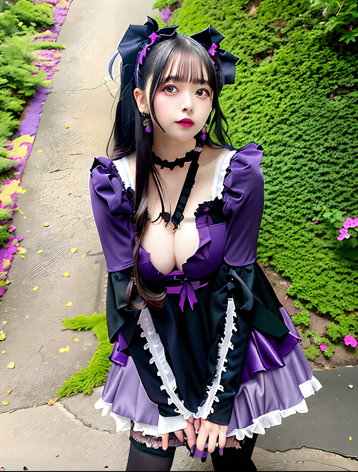 Alafe girl in purple dress and black and white accessories, ta style, victorian gothic loliashion, Belle Delphine, Lolita Fon, Black and purple costume, Portrait of radical Lolita girl,lly outfit, portrait of the magical Lolita girl, sakhan, black gothic lolita dress, gothicfit, frilld, style of magical girl, purple and black
