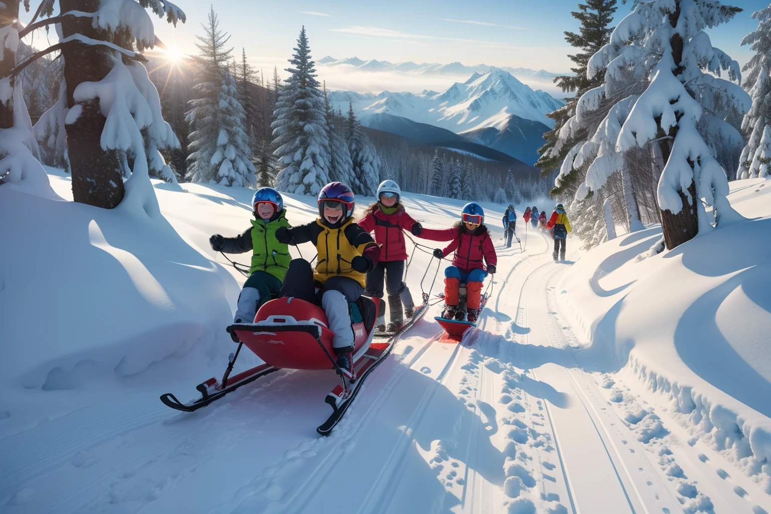 Joyful kids descending of a snow mountain in sled, colourful winter clothing, snowy mountain, forest in the distance, sunny day of winter, highly detailed, low point of view, great angular. Photorealistic.