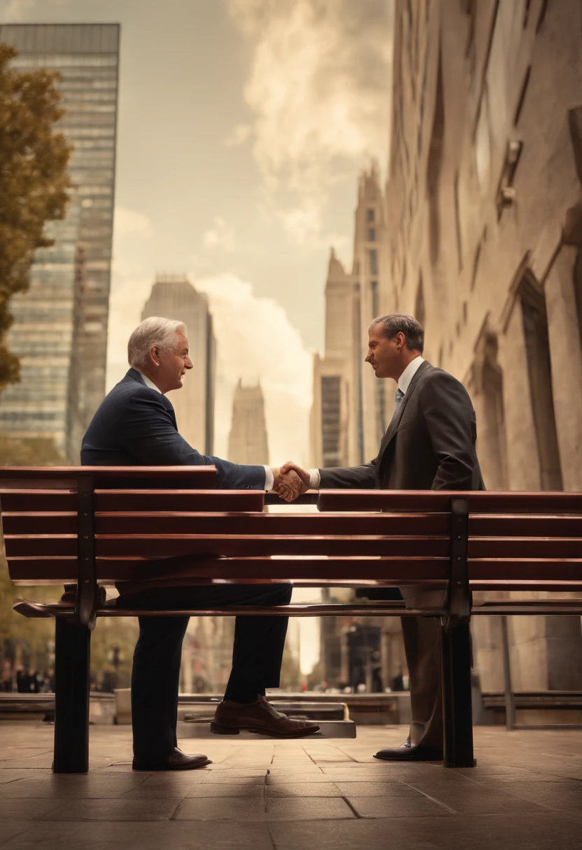 Two men shaking hands in front of a bench, bank, dolars, dolar, Stock market, Closing deal, intense expression, olhos determinados, terno enrugado, notes falling from the sky, realismo, (melhor qualidade, Altas, ultra-detalhado), (Realistic:1.37), profissional, vivid colors