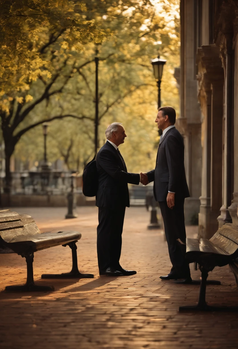 Two men shaking hands in front of a bench, bank, dolars, dolar, Stock market, Closing deal, intense expression, olhos determinados, terno enrugado, notes falling from the sky, realismo, (melhor qualidade, Altas, ultra-detalhado), (Realistic:1.37), profissional, vivid colors