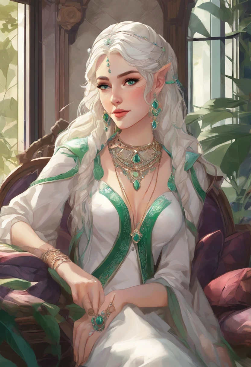 portrait of a hourglass shaped elf with (long white hair behind ear, straight bangs), (necklace, earrings), (glowing eyes, green eyes), (seductive smile:1.3), eye contact, (black embroidered lingerie), cleavage, close to a window, sitting on a chair crossed-leg, bedroom, (morning), god rays, ray tracing, best quality, 16k, masterpiece