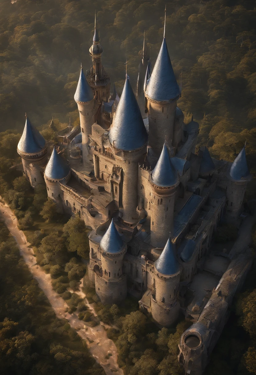 alien age, curvy buildings, translucent metal for building shapes, castle, aerial view, night scenery, fantasy art, art by Clemilton Barbosa, intricate details, 16k