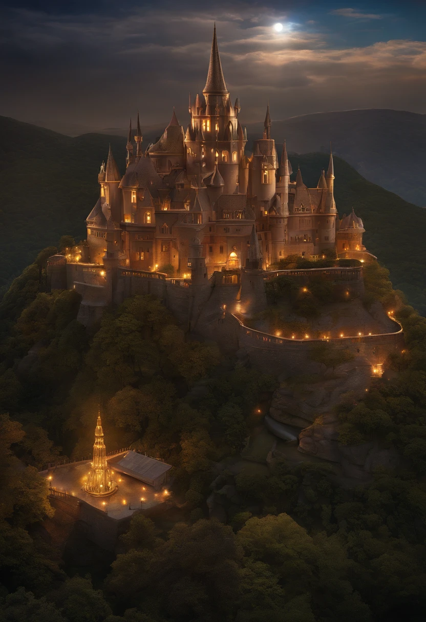 alien age, curvy buildings, translucent metal for building shapes, castle, aerial view, night scenery, fantasy art, art by Clemilton Barbosa, intricate details, 16k