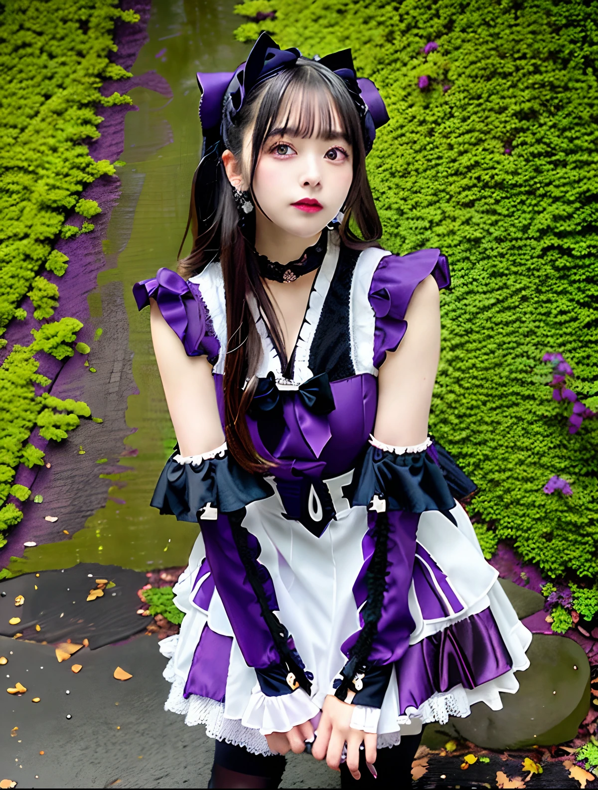 Alafe girl in purple dress and black and white accessories, ta style, victorian gothic loliashion, Belle Delphine, Lolita Fon, Black and purple costume, Portrait of radical Lolita girl,lly outfit, portrait of the magical Lolita girl, sakhan, black gothic lolita dress, gothicfit, frilld, style of magical girl, purple and black