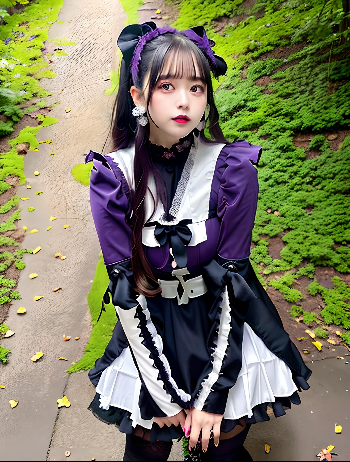 Alafe girl in purple dress and black and white accessories, Lolita style, victorian gothic lolita fashion, Belle Delphine, Lolita Fashion, Black and purple costume, Portrait of radical Lolita girl, frilly outfit, portrait of the magical Lolita girl, sakimichan, black gothic lolita dress, gothic outfit, frilld, style of magical girl, purple and black