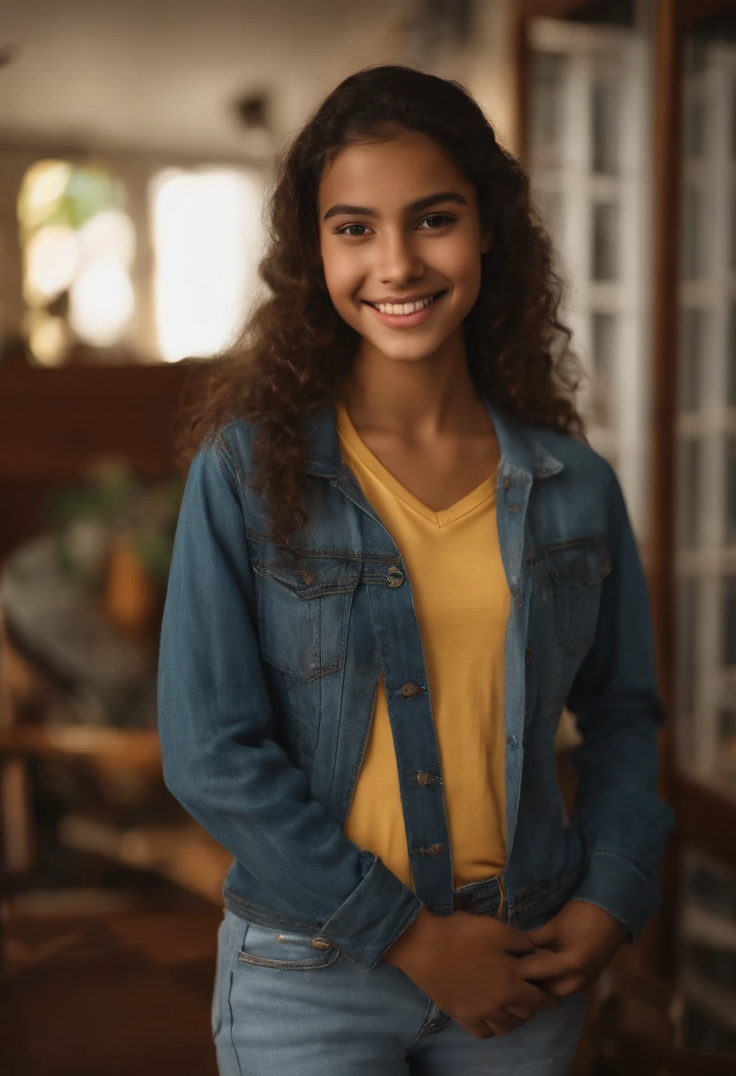 Brazilian girl, 15 years old, [full body], smiling, wearing casual clothes, standing in the room, intricate details, high definition, professional photography
