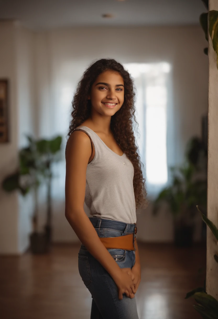 Brazilian girl, , [full body], smiling, wearing casual clothes, standing in the room, intricate details, high definition, professional photography