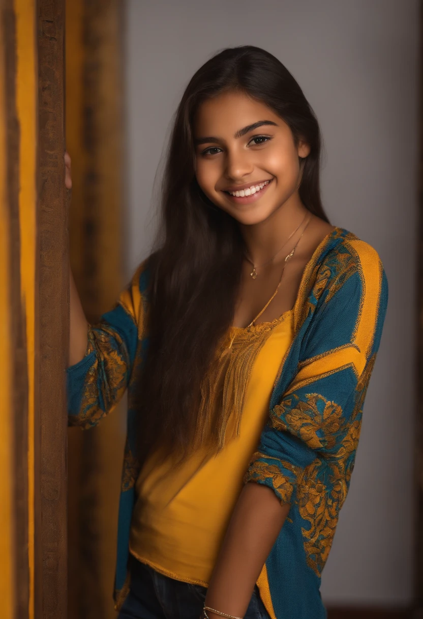 Brazilian girl, 15 years old, [full body], smiling, wearing casual clothes, standing in the room, intricate details, high definition, professional photography