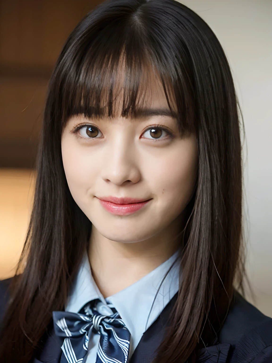 (school uniform:1.5), (Photorealistic:1.4), (Best quality:1.0), (超高分辨率:1.0), 8K, RAW photo, (Masterpiece:0.2), Ultra-detailed, Close short, 1girll, Beautiful skin, Detailed skin, view the viewer, full bodyesbian, (Long hair:1), Smile, (Closed mouth:1)