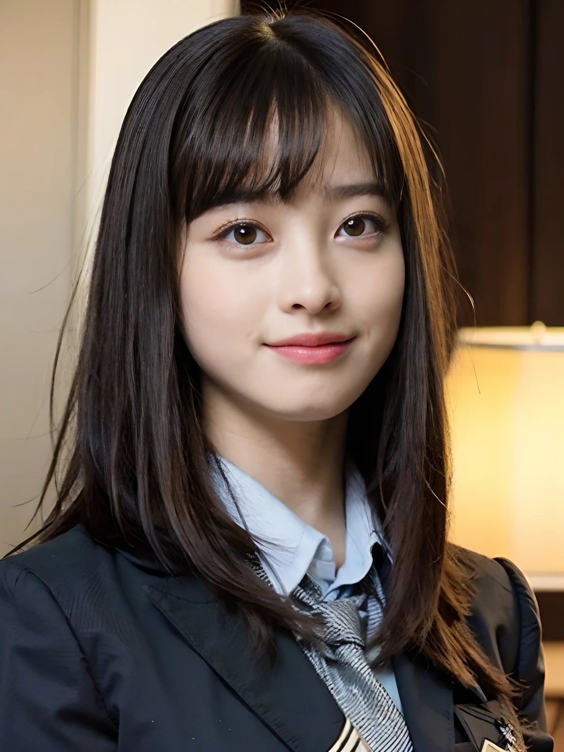 (school uniform:1.5), (Photorealistic:1.4), (Best quality:1.0), (超高分辨率:1.0), 8K, RAW photo, (Masterpiece:0.2), Ultra-detailed, Close short, 1girll, Beautiful skin, Detailed skin, view the viewer, full bodyesbian, (Long hair:1), Smile, (Closed mouth:1)